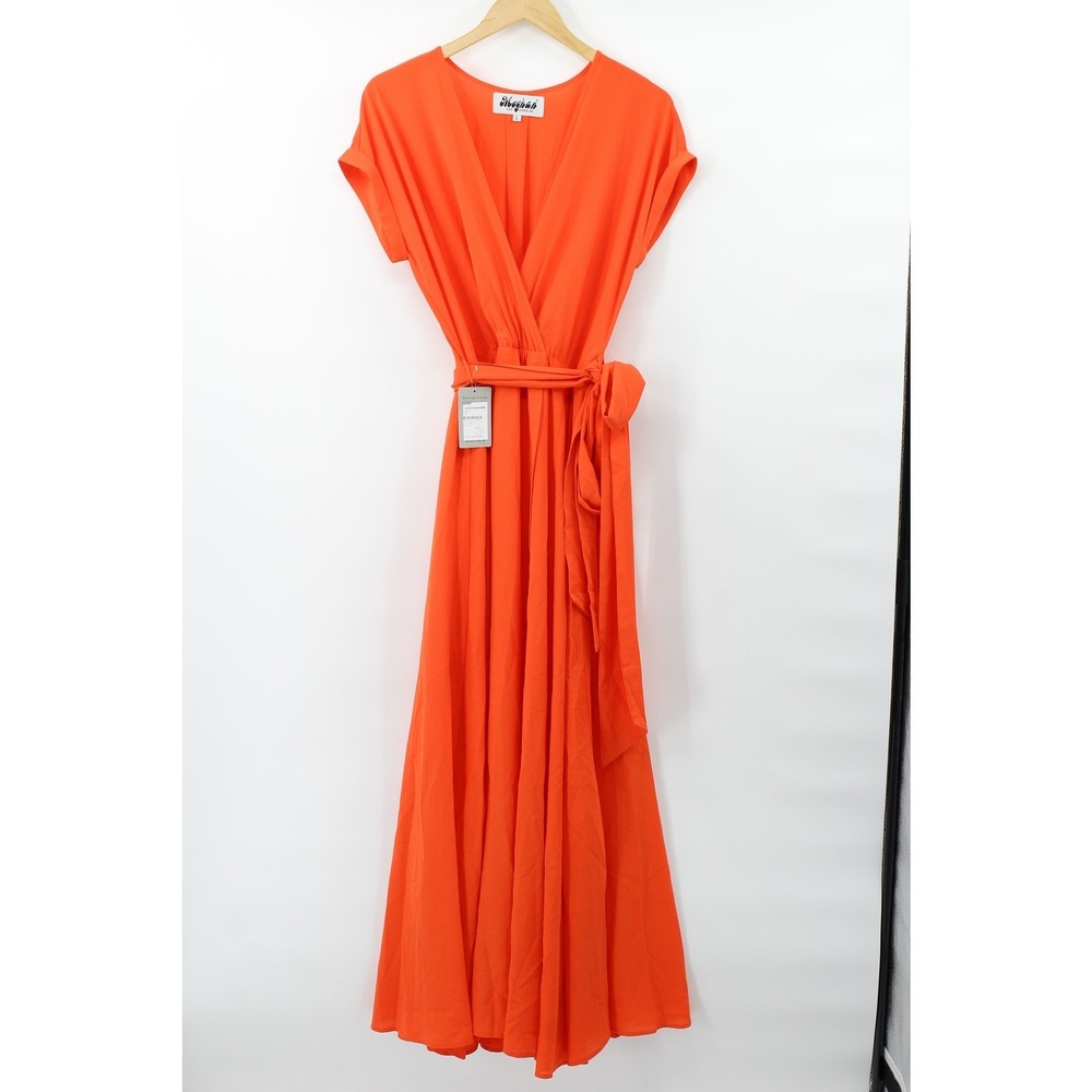 NWT Meghan LA orange flame tie waist wrap short sleeve maxi dress womens large